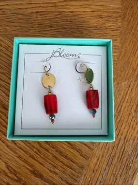 bloom jewelry Red Bead Drop Dangle Earrings with Gold Circle Accents